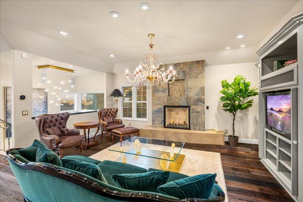 Chandelier, Fireplace, Interior, Living room, Recessed Lighting, Wood Texture Flooring