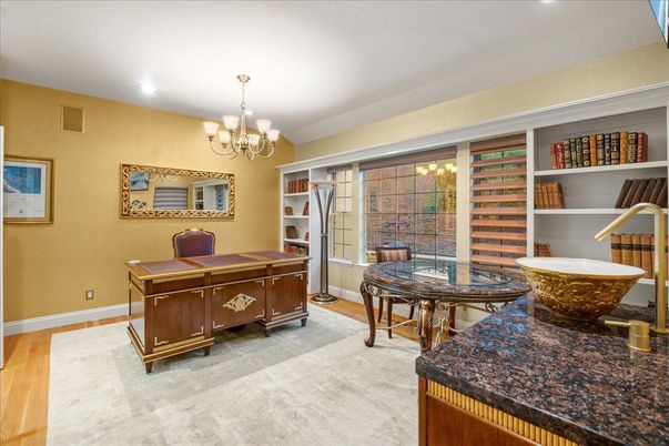 Chandelier, Home Office, Interior, Recessed Lighting, Wood Texture Flooring