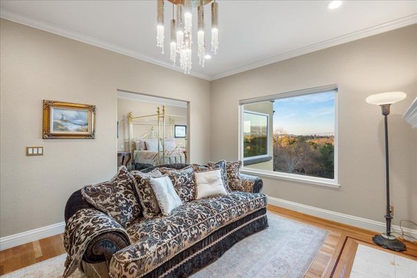 Bedroom, Chandelier, Interior, Recessed Lighting, Wood Texture Flooring