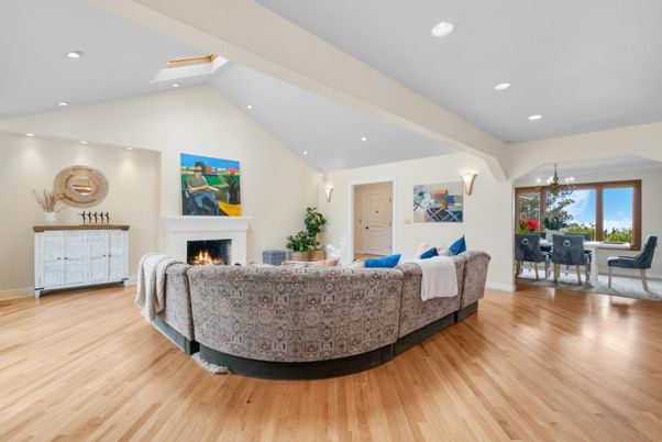 Chandelier, Dining room, Fireplace, Interior, Living room, Recessed Lighting, Wood Texture Flooring