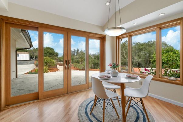 Dining room, Interior, Pendant Lights, Recessed Lighting, Wood Texture Flooring
