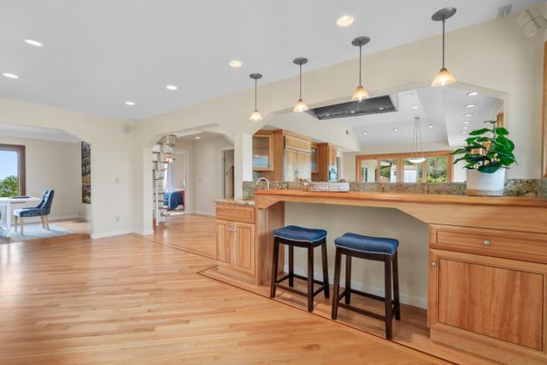 Interior, Kitchen, Pendant Lights, Recessed Lighting, Wood Texture Flooring
