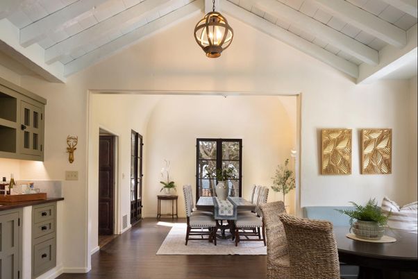 Dining room, Interior, Pendant Lights, Wood Texture Flooring