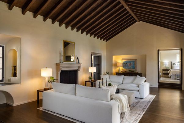 Bedroom, Fireplace, Interior, Living room, Wooden Beams, Wooden Ceilings, Wood Texture Flooring