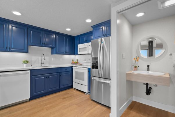 Interior, Kitchen, Recessed Lighting, Stainless Steel Appliances, Wood Texture Flooring