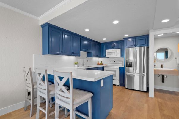 Interior, Kitchen, Recessed Lighting, Stainless Steel Appliances, Wood Texture Flooring