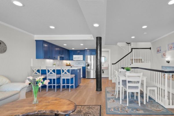 Dining room, Interior, Kitchen, Recessed Lighting, Stainless Steel Appliances, Wood Texture Flooring