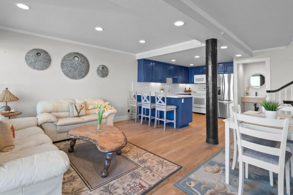 Interior, Kitchen, Living room, Recessed Lighting, Stainless Steel Appliances, Wood Texture Flooring