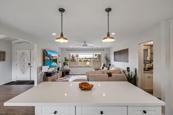 Interior, Kitchen, Living room, Pendant Lights, Recessed Lighting, Wood Texture Flooring