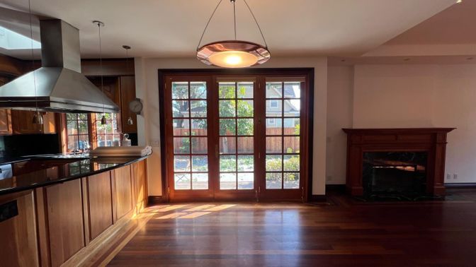 Fireplace, Interior, Kitchen, Pendant Lights, Recessed Lighting, Wood Texture Flooring