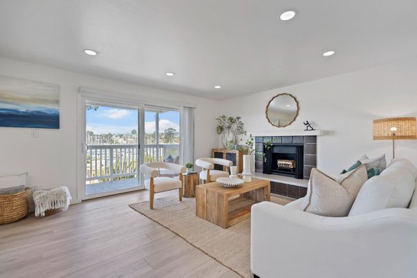 Fireplace, Interior, Living room, Recessed Lighting, Wood Texture Flooring