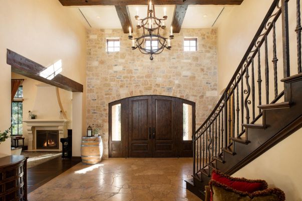 Chandelier, Fireplace, Interior, Recessed Lighting, Stone Walls, Wooden Beams, Wood Texture Flooring