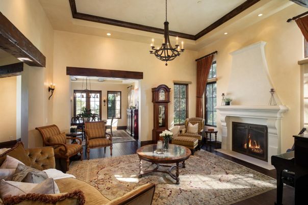 Chandelier, Dining room, Fireplace, Interior, Living room, Recessed Lighting, Wood Texture Flooring