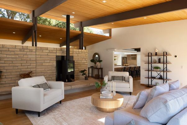 Fireplace, Interior, Living room, Recessed Lighting, Stone Walls, Wooden Beams, Wooden Ceilings, Wood Texture Flooring
