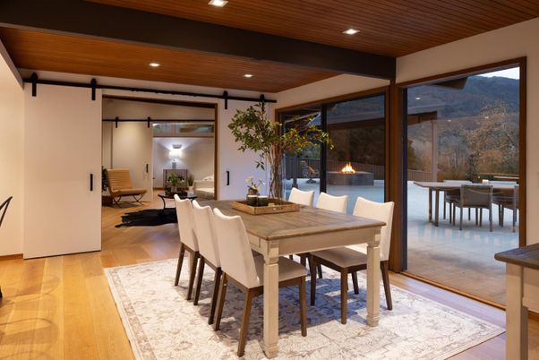 Dining room, Interior, Recessed Lighting, Wooden Ceilings, Wood Texture Flooring