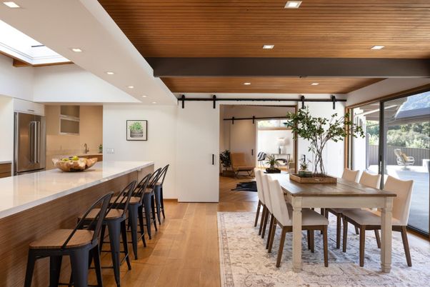 Dining room, Interior, Kitchen, Recessed Lighting, Wooden Ceilings, Wood Texture Flooring