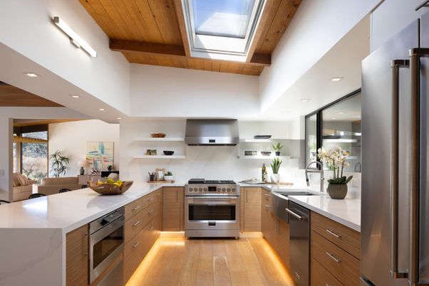 Interior, Kitchen, Recessed Lighting, Stainless Steel Appliances, Wooden Beams, Wooden Ceilings, Wood Texture Flooring