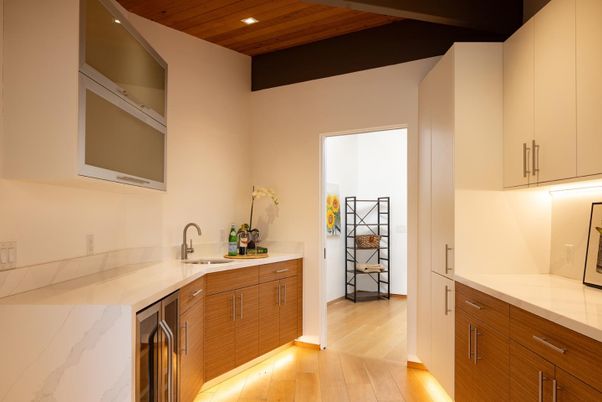 Interior, Kitchen, Recessed Lighting, Wooden Ceilings, Wood Texture Flooring