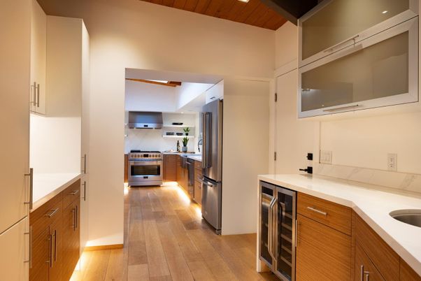 Interior, Kitchen, Recessed Lighting, Stainless Steel Appliances, Wooden Ceilings, Wood Texture Flooring