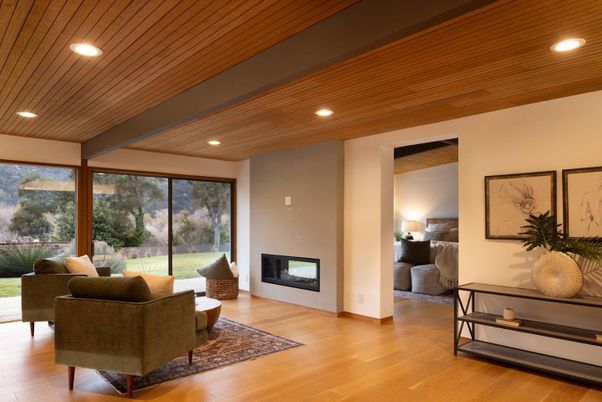 Bedroom, Fireplace, Interior, Living room, Recessed Lighting, Wooden Ceilings, Wood Texture Flooring