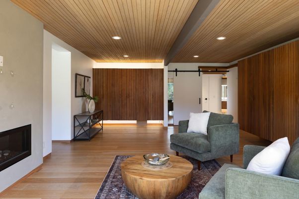 Fireplace, Interior, Living room, Recessed Lighting, Wooden Ceilings, Wood Texture Flooring, Wooden Walls