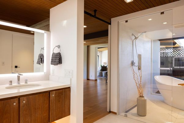 Bathroom, Free Standing Baths, Glass Shower, Interior, Recessed Lighting, Wooden Ceilings, Wood Texture Flooring