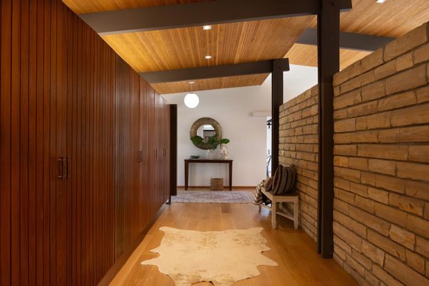 Interior, Recessed Lighting, Stone Walls, Wooden Beams, Wooden Ceilings, Wood Texture Flooring, Wooden Walls