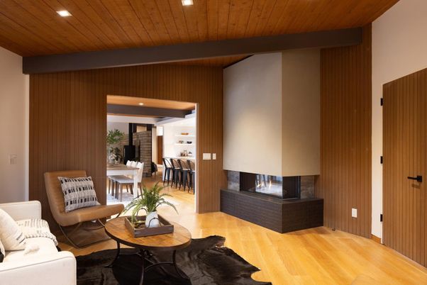 Dining room, Fireplace, Interior, Living room, Recessed Lighting, Wooden Ceilings, Wood Texture Flooring