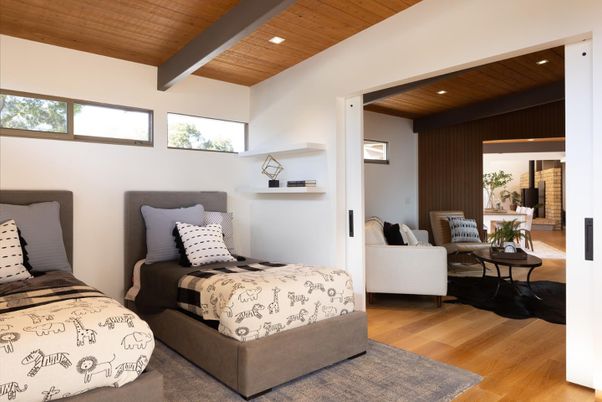 Bedroom, Interior, Recessed Lighting, Wooden Ceilings, Wood Texture Flooring