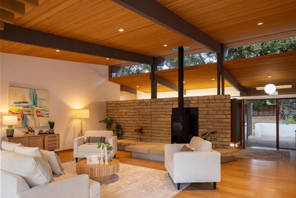 Fireplace, Interior, Living room, Recessed Lighting, Stone Walls, Wooden Beams, Wooden Ceilings, Wood Texture Flooring