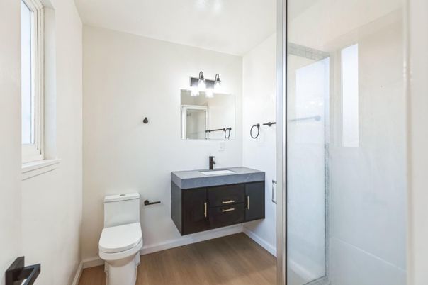 Bathroom, Glass Shower, Interior, Wood Texture Flooring