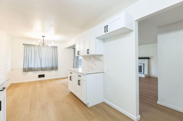 Interior, Kitchen, Marble Walls, Pendant Lights, Wood Texture Flooring