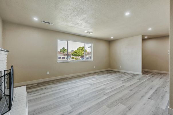 Empty room, Fireplace, Interior, Recessed Lighting, Wood Texture Flooring