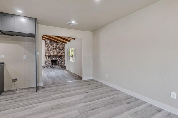 Empty room, Fireplace, Interior, Recessed Lighting, Wood Texture Flooring