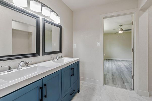 Bathroom, Dual Sink Vanities, Interior, Marble, Wood Texture Flooring