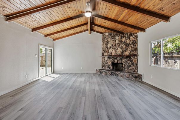 Empty room, Fireplace, Interior, Wooden Beams, Wooden Ceilings, Wood Texture Flooring