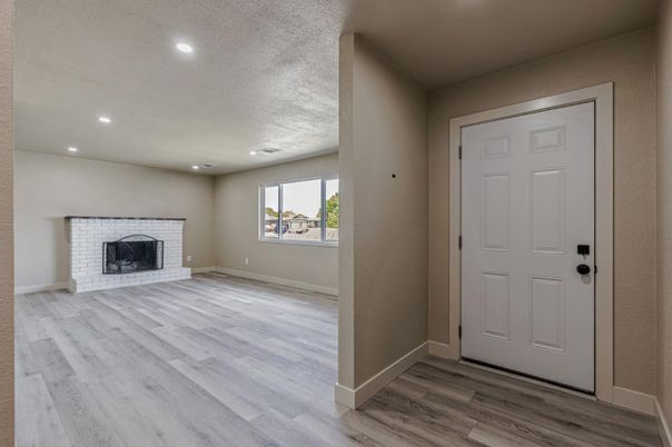 Empty room, Fireplace, Interior, Recessed Lighting, Wood Texture Flooring
