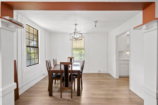 Dining room, Interior, Pendant Lights, Wood Texture Flooring