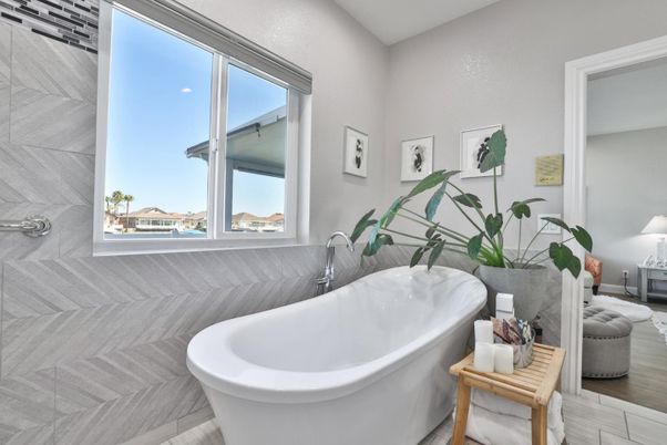 Bathroom, Free Standing Baths, Interior, Wood Texture Flooring