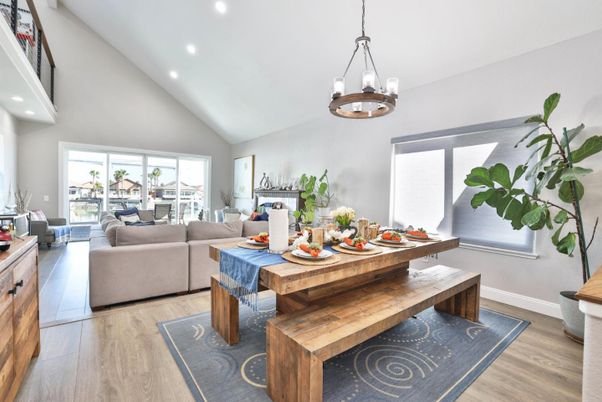 Dining room, Interior, Living room, Pendant Lights, Recessed Lighting, Wood Texture Flooring