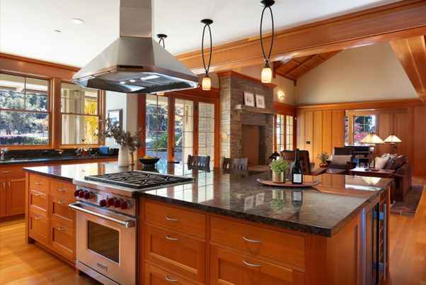 Fireplace, Interior, Kitchen, Pendant Lights, Recessed Lighting, Stainless Steel Appliances, Wood Texture Flooring