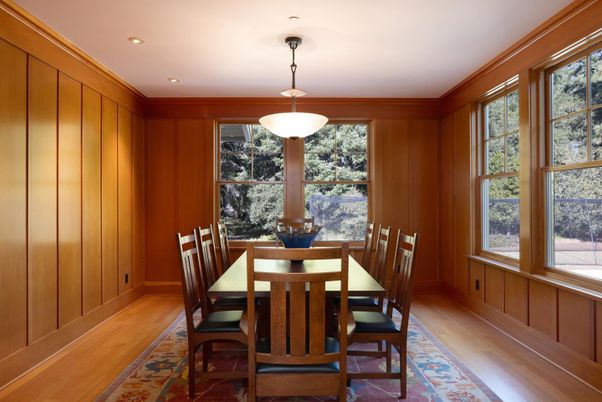 Dining room, Interior, Pendant Lights, Recessed Lighting, Wood Texture Flooring, Wooden Walls
