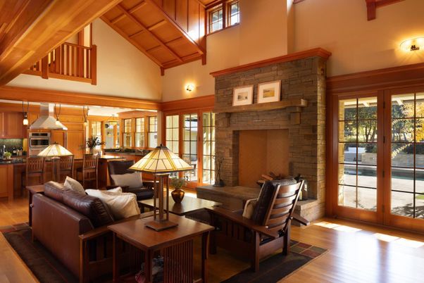 Fireplace, Interior, Kitchen, Living room, Pendant Lights, Stone Walls, Wood Texture Flooring
