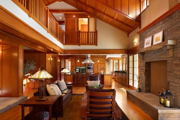 Fireplace, Interior, Kitchen, Living room, Pendant Lights, Stone Walls, Wooden Beams, Wood Texture Flooring, Wooden Walls