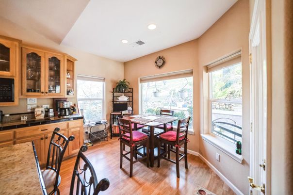 Dining room, Interior, Recessed Lighting, Wood Texture Flooring