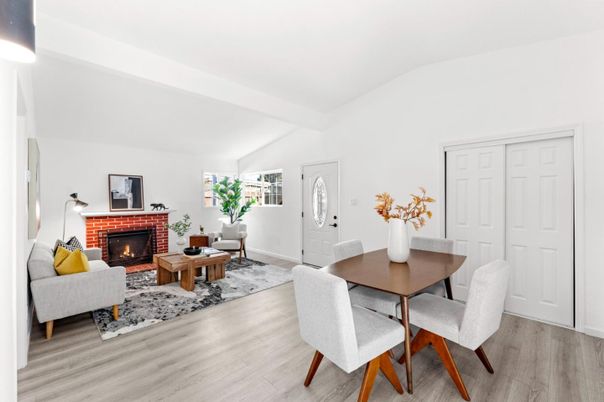 Dining room, Fireplace, Interior, Living room, Wood Texture Flooring