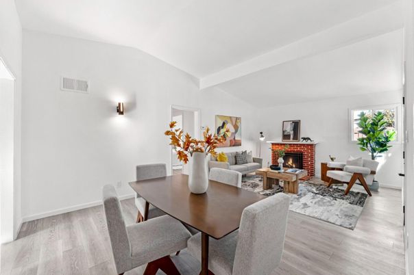 Dining room, Fireplace, Interior, Living room, Wood Texture Flooring