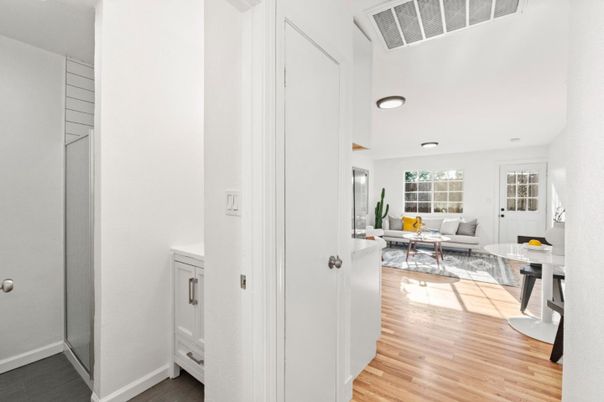 Dining room, Interior, Living room, Recessed Lighting, Wood Texture Flooring