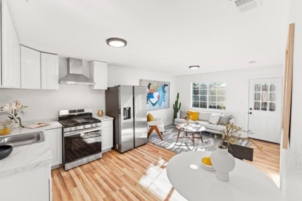Interior, Kitchen, Living room, Recessed Lighting, Stainless Steel Appliances, Wood Texture Flooring