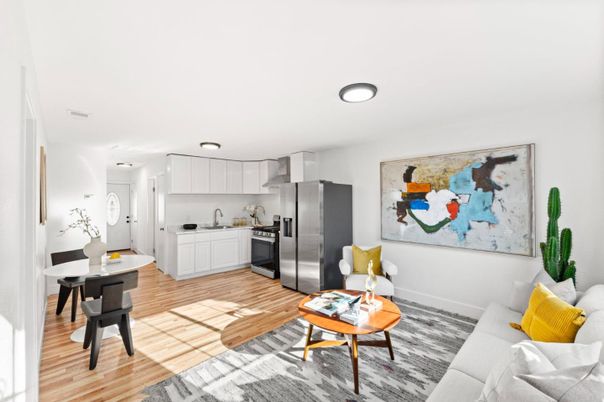 Interior, Kitchen, Living room, Recessed Lighting, Stainless Steel Appliances, Wood Texture Flooring